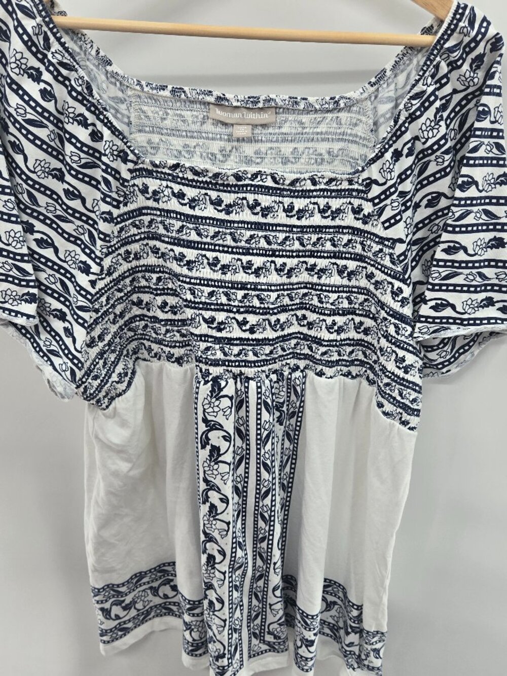 Woman Within White Blue Boho Gem Off Shoulder Boho Tunic Top Size 1x 22/24